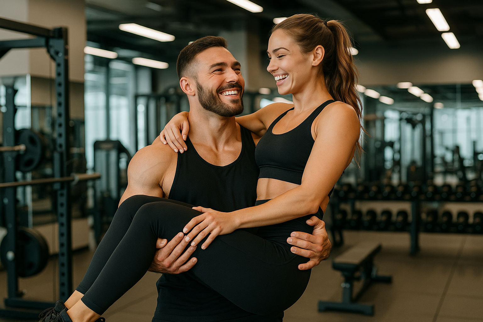 gym couple a man carrying his woman